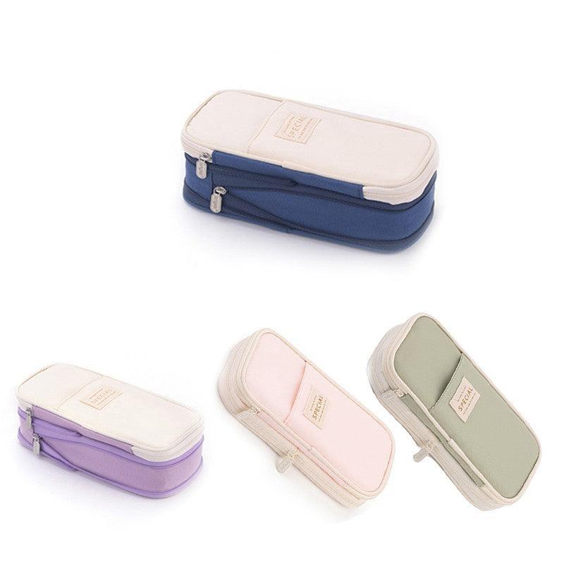 Zipper Pencil Case Pen Bag Organizer School Office Cosmetic Stationery Storage - Beige-Purple