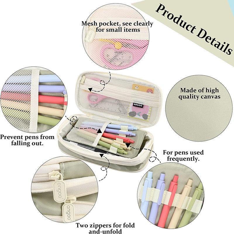 Zipper Pencil Case Pen Bag Organizer School Office Cosmetic Stationery Storage - Beige-Dark Blue 3