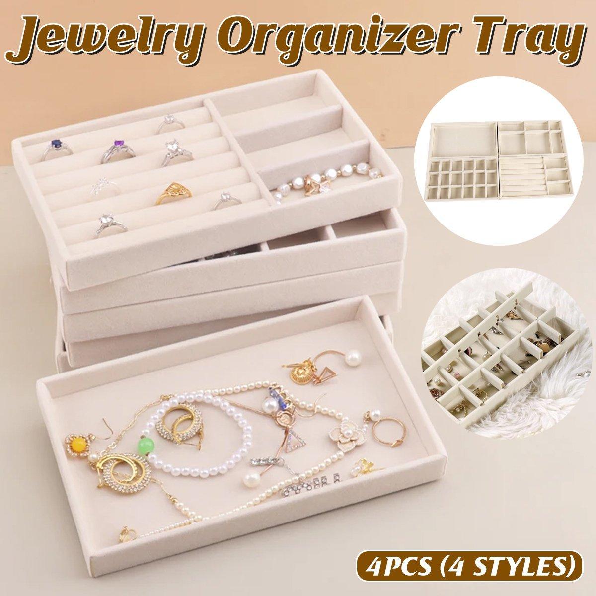 4PCS Flannel Jewelry Storage Trays Necklace Ring Earrings Organizer