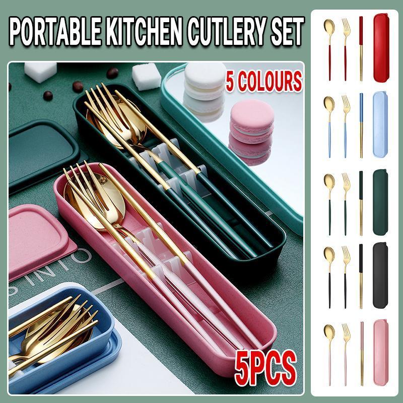 5PC Stainless Steel Portable Cutlery Set -  Fork Spoon for Travel & Picnic - Red