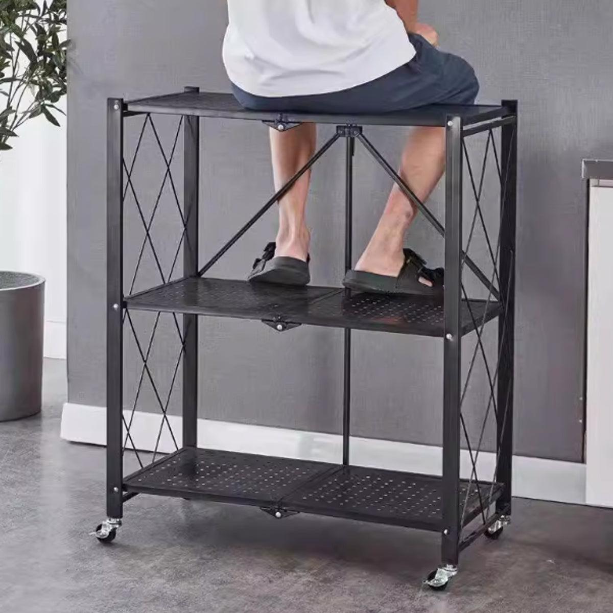 3-Tier Black Foldable Kitchen Storage Rack No-Drill Microwave Oven Shelf Stand 4