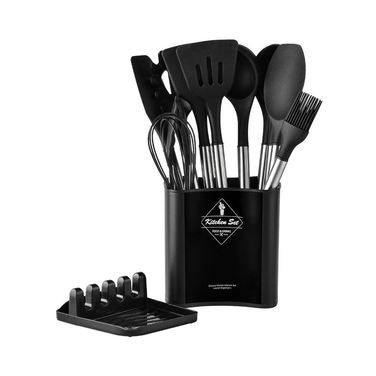 13PCS Silicone Kitchen Utensil Set Stainless Steel Handle Non-Stick Cooking Tool - Black 7