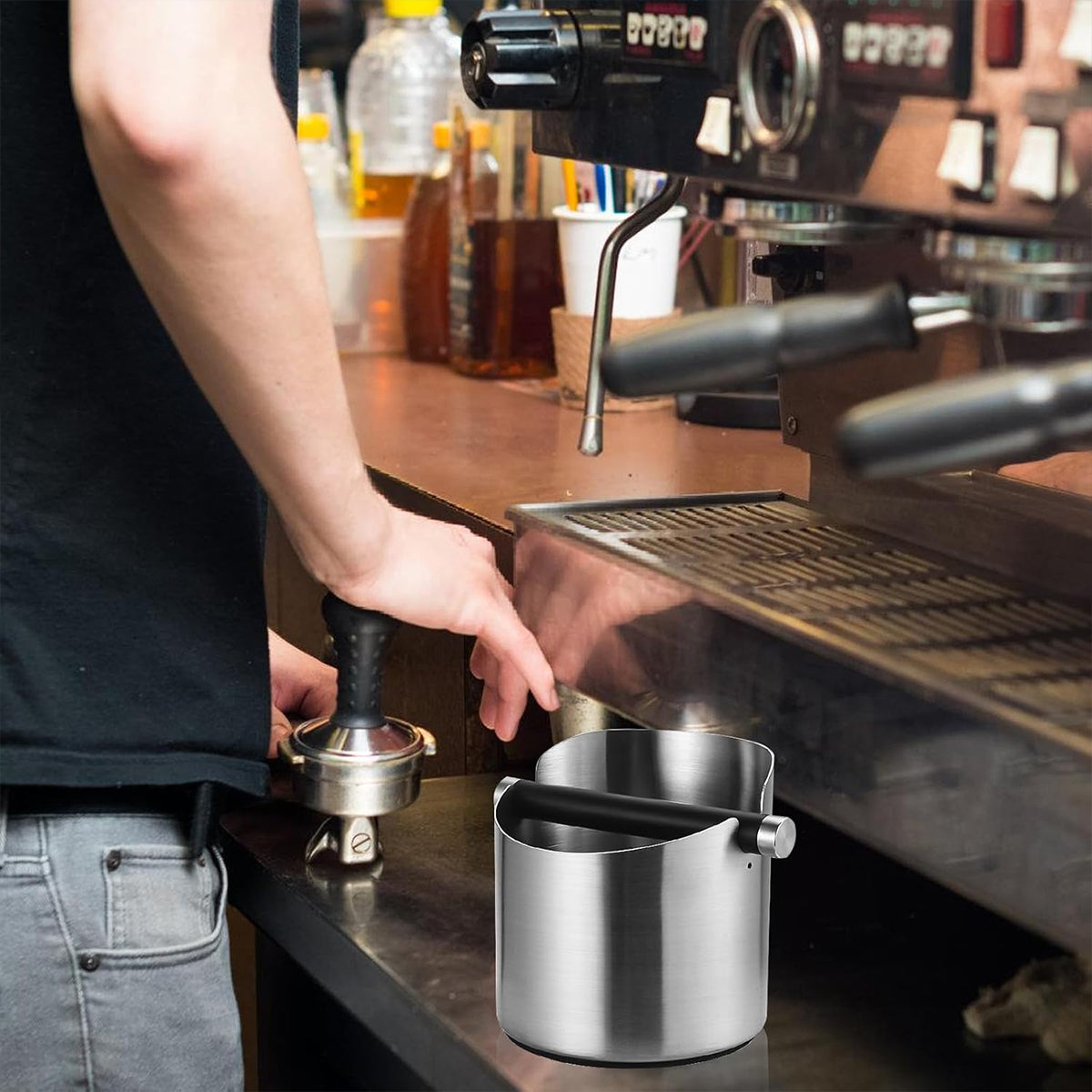 Stainless Steel Coffee Grounds Knock Box Round Tap Bucket for Household Espresso - Black 4