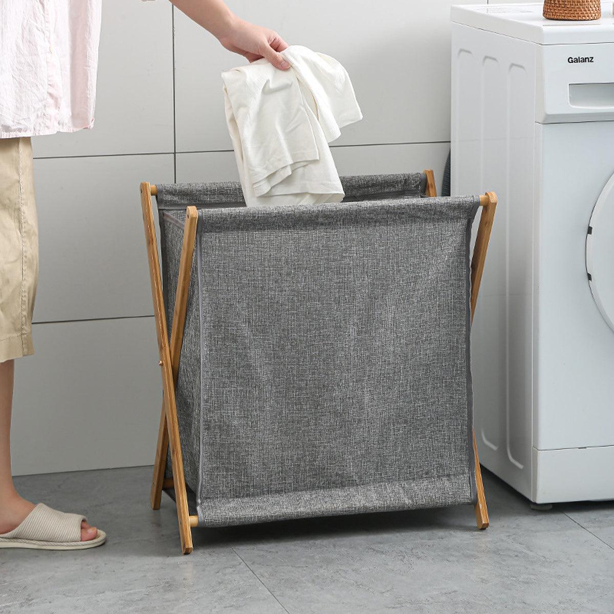 Wooden Collapsible Laundry Basket Dirty Clothes Storage Household Organizer - Beige-S 4