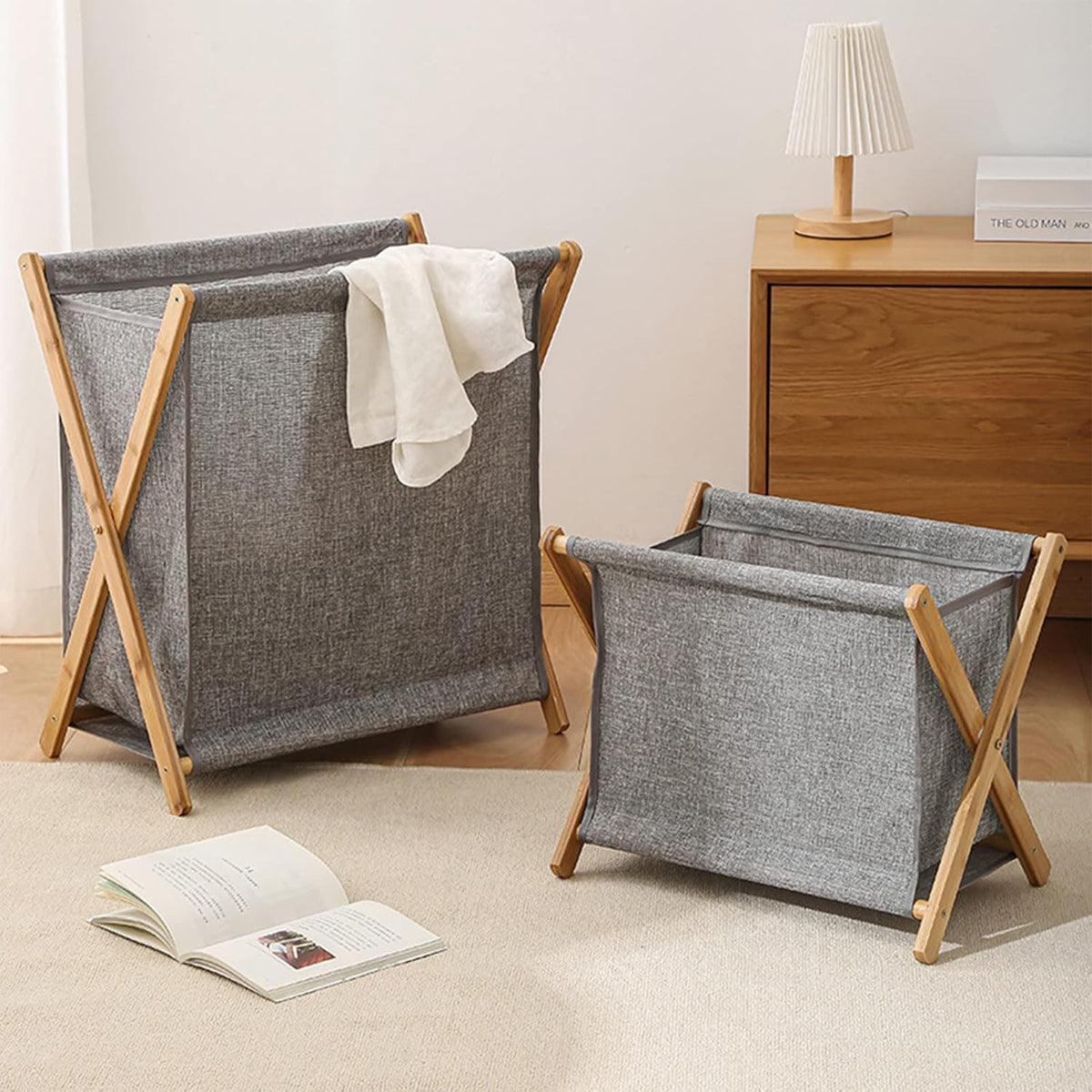 Wooden Collapsible Laundry Basket Dirty Clothes Storage Household Organizer - Beige-S 5