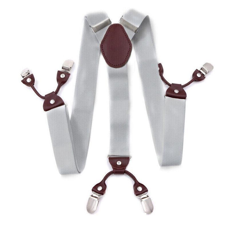 Adjustable 35mm Wide Suspenders for Men with 6 Clips Elastic Leather Braces - Grey 9