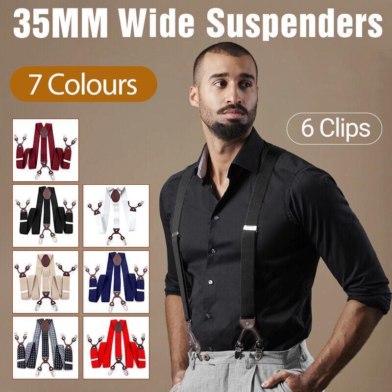 Adjustable 35mm Wide Suspenders for Men with 6 Clips Elastic Leather Braces - Red