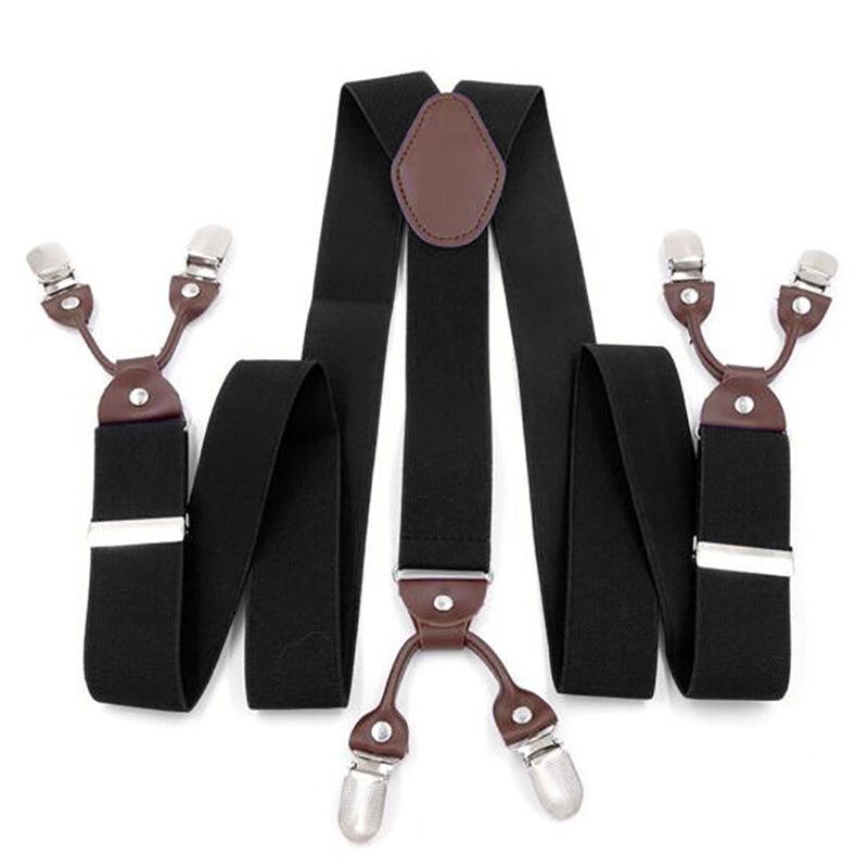 Adjustable 35mm Wide Suspenders for Men with 6 Clips Elastic Leather Braces - Red
