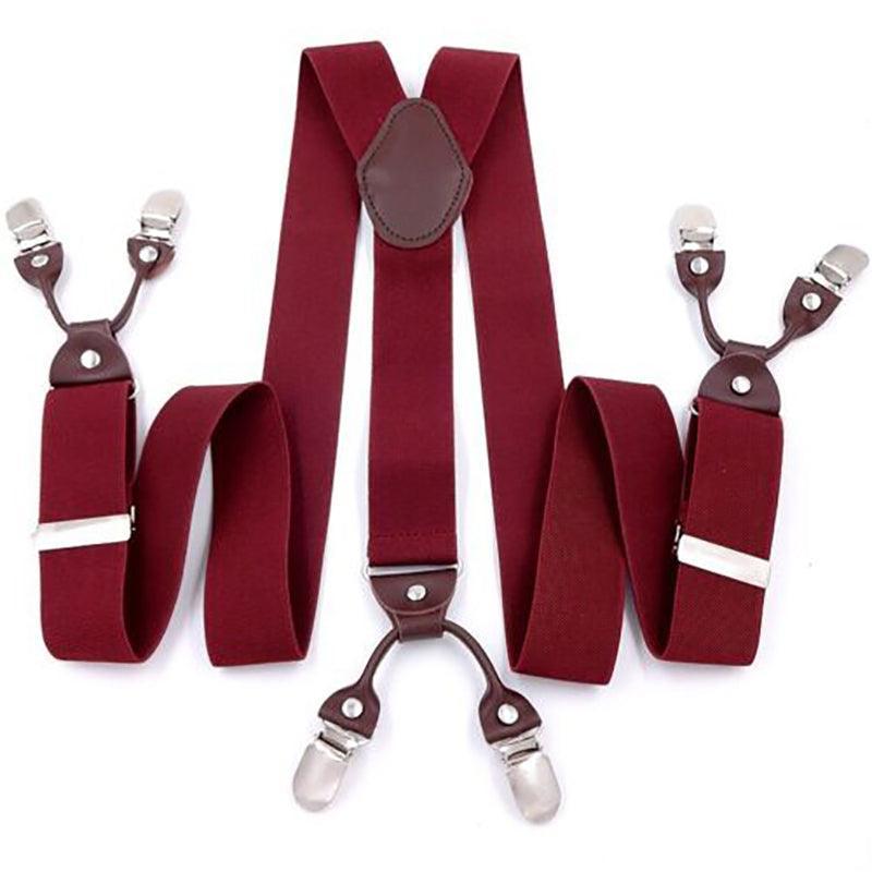 Adjustable 35mm Wide Suspenders for Men with 6 Clips Elastic Leather Braces - Red 6