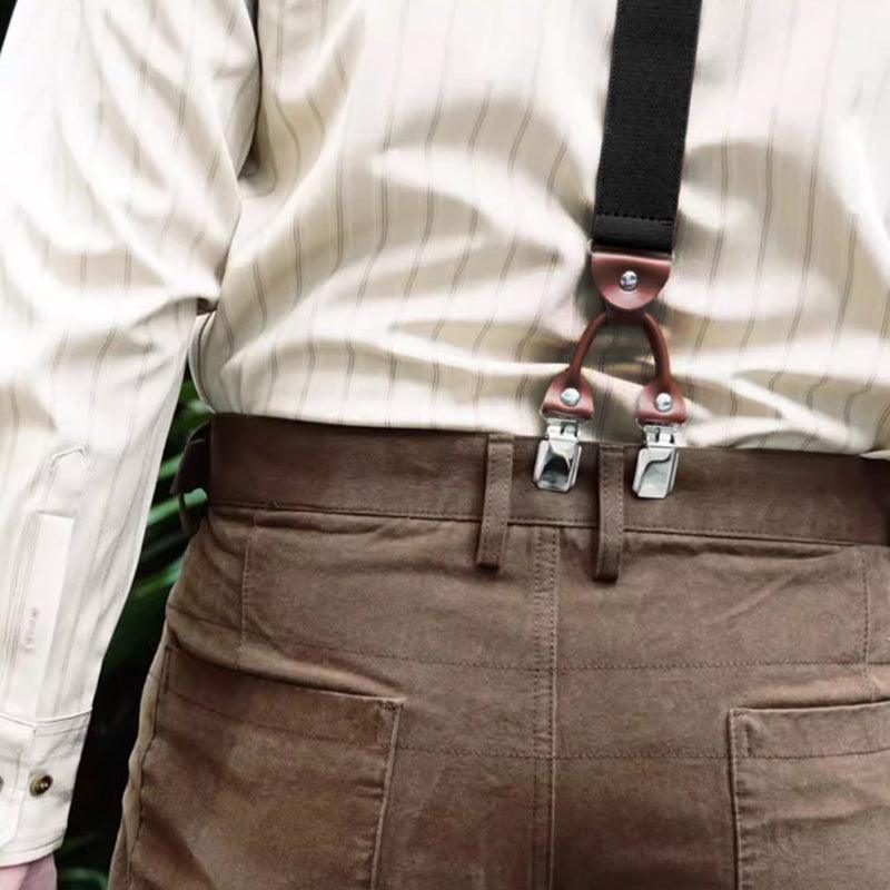 Adjustable 35mm Wide Suspenders for Men with 6 Clips Elastic Leather Braces - Wine Red 4