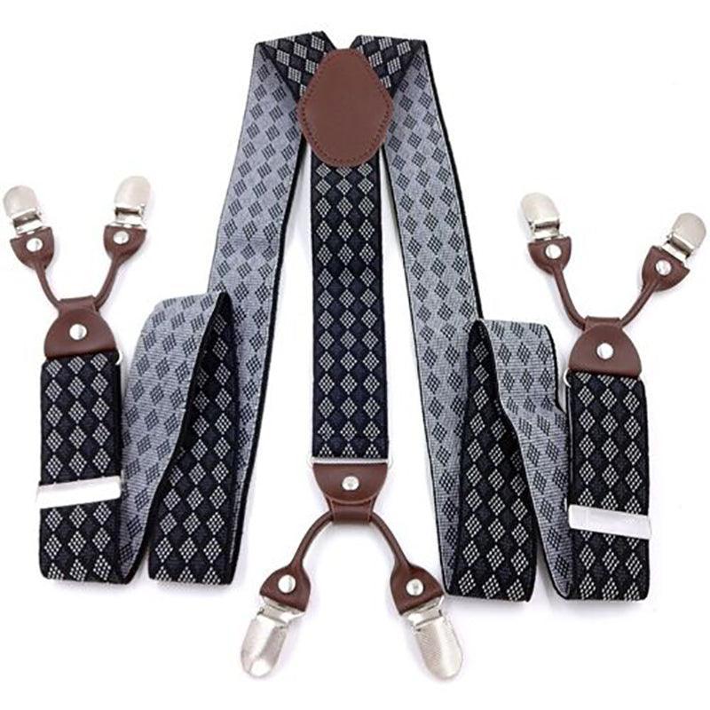 Adjustable 35mm Wide Suspenders for Men with 6 Clips Elastic Leather Braces - Wine Red 10