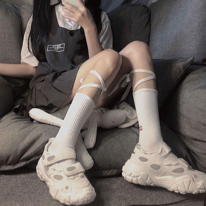 Cross-Tie Women Lolita Socks Bandage Stockings Korean Style Middle Tube Socks - White+Black 5