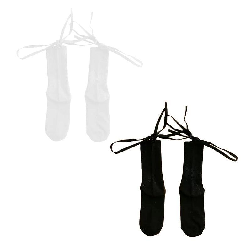 Cross-Tie Women Lolita Socks Bandage Stockings Korean Style Middle Tube Socks - White+Black 6