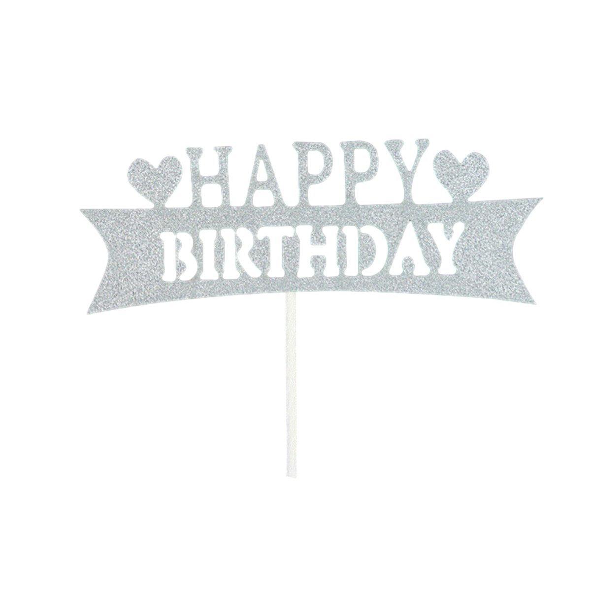 Happy Birthday Cake Topper Colour Printed Acrylic Party Decorations - Silver-Long Strip 13