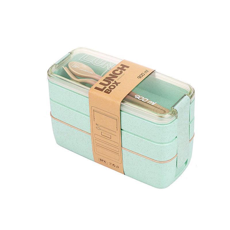 Lunch Box 3-Layer Bento Food Container 900ml with Spoon Fork Portable Student Use - Green 7