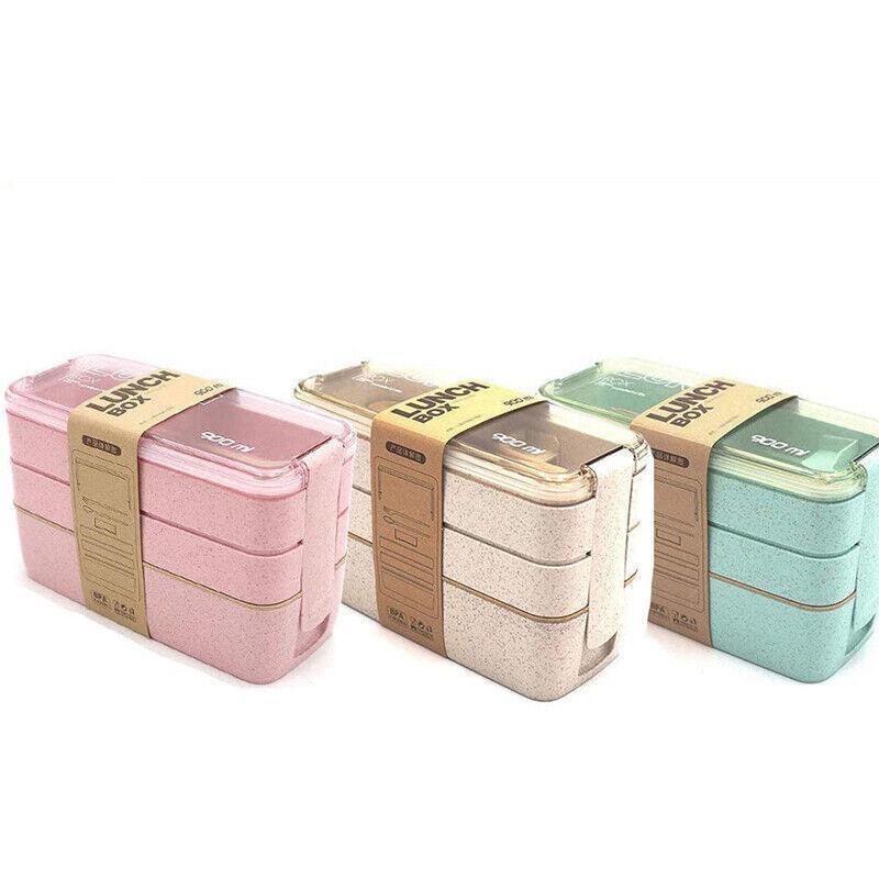 Lunch Box 3-Layer Bento Food Container 900ml with Spoon Fork Portable Student Use - Pink