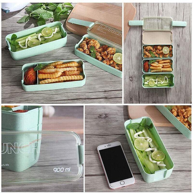 Lunch Box 3-Layer Bento Food Container 900ml with Spoon Fork Portable Student Use - Pink 4