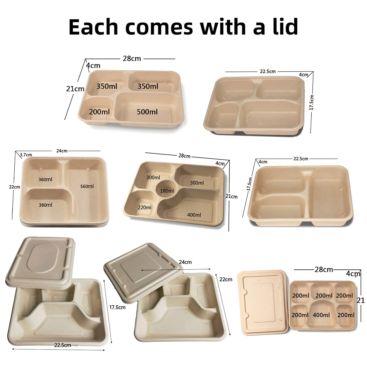 25/50pcs Biodegradable Lunch Box Microwaveable Tray with Compartment Paper Lid - 1400ml-5-25pcs 3