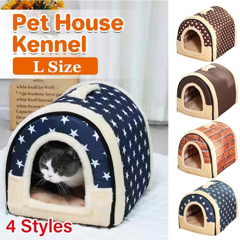 L Size Pet House Kennel Soft Igloo Beds Cave Cat Puppy Bed Warm Cushion Fold - Brick