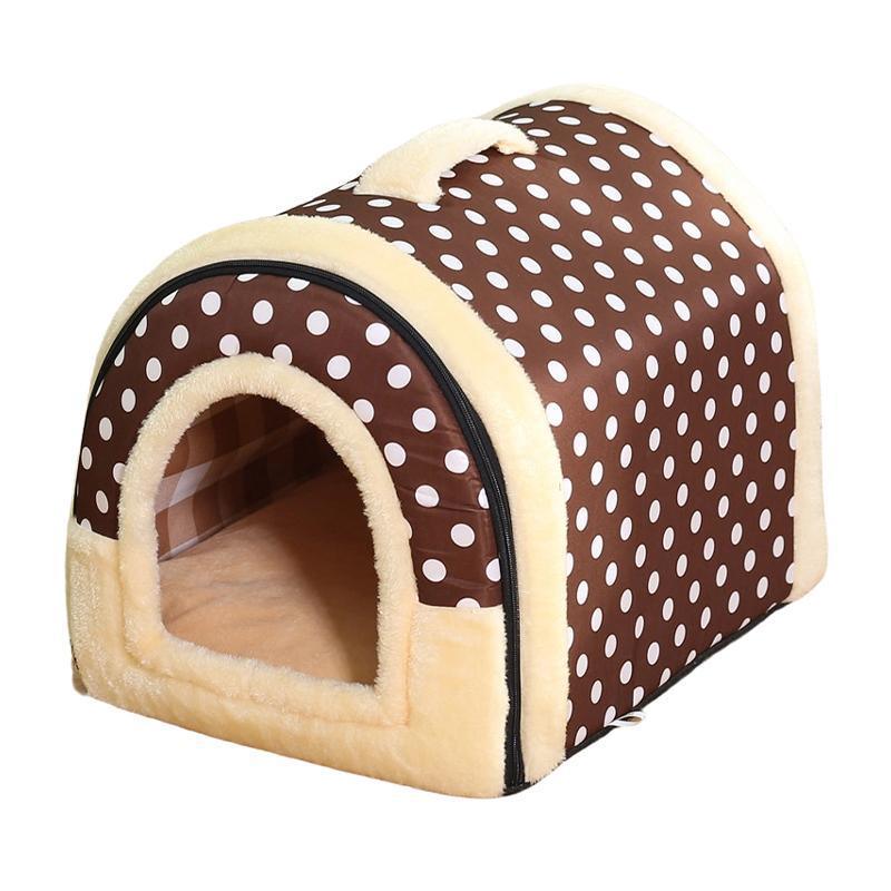 L Size Pet House Kennel Soft Igloo Beds Cave Cat Puppy Bed Warm Cushion Fold - Brown Dots 7