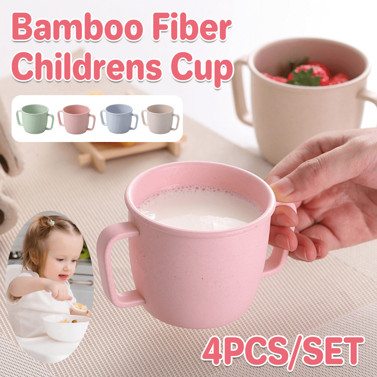 4PCS Bamboo Fiber Milk Drinking Cups with Handle Eco Friendly Small Grip Cups
