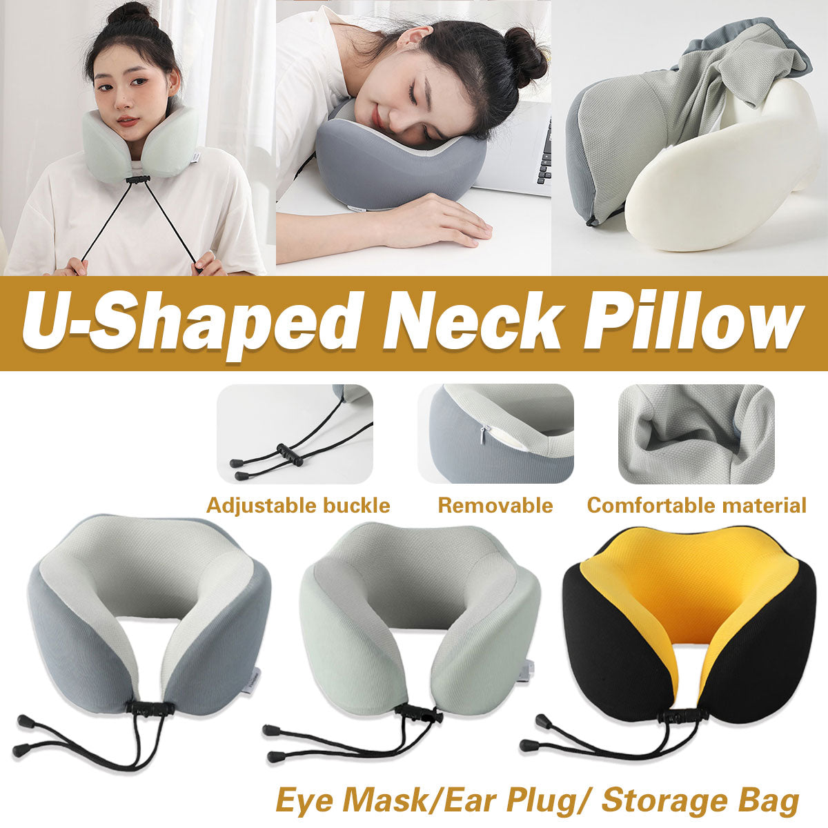 Memory Foam U Shaped Neck Pillow Travel Portable Office Nap Support Pillow - Grey