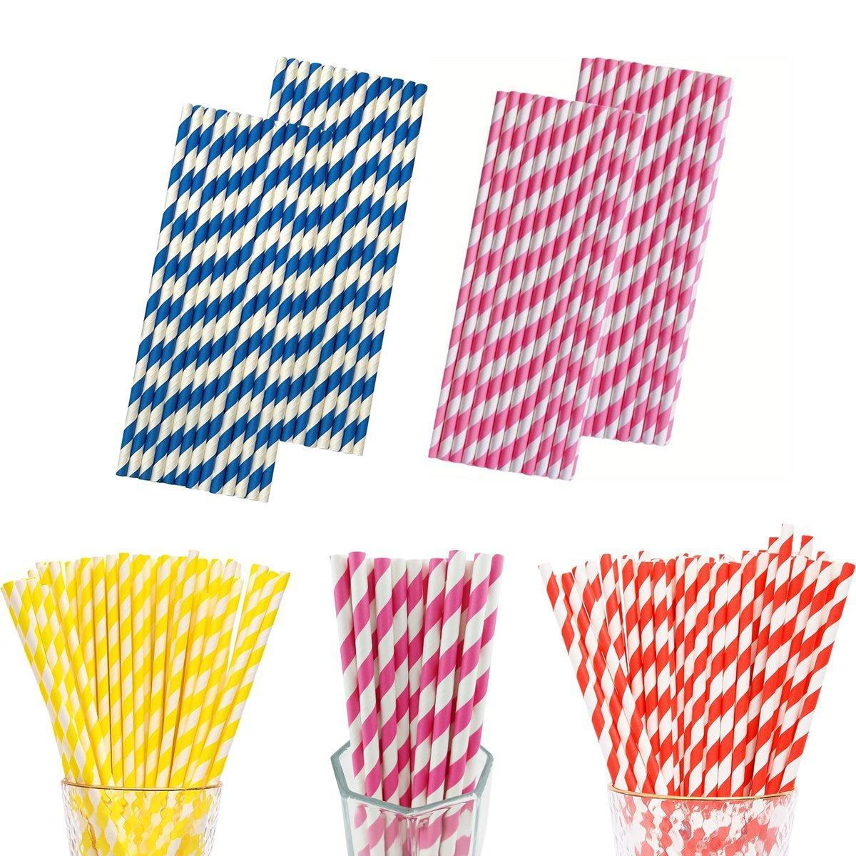 125pcs Biodegradable Paper Straws Striped Coloured Paper Drinking Straws Set