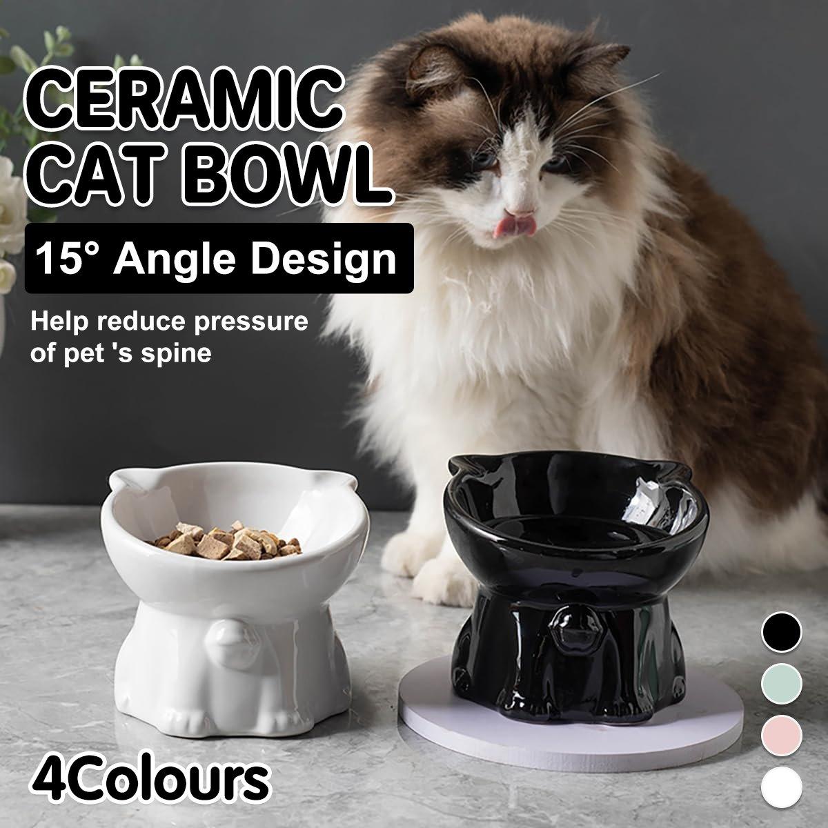 Ceramic Cat Bowl Cute Tall Raised Cat Food Bowl for Pets Eating Comfortably - Green