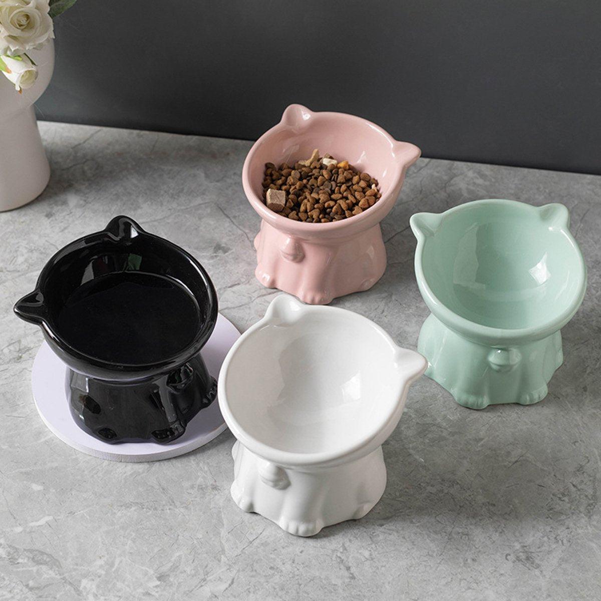 Ceramic Cat Bowl Cute Tall Raised Cat Food Bowl for Pets Eating Comfortably - Green 4
