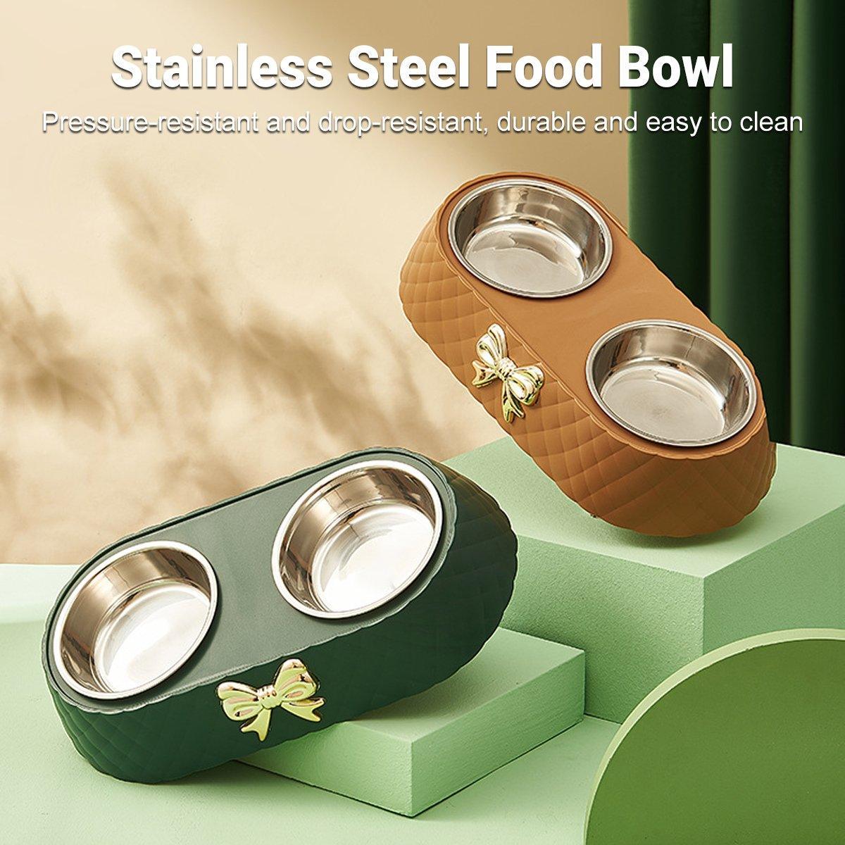 Stainless Steel Double Pet Bowl Non-Slip Anti-Knock Dog Cat Feeder Utensils - Green 5