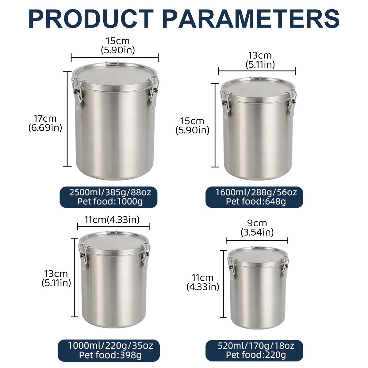 Stainless Steel Pet Food Storage Bucket Dog Cat Grain Container Bin Kitchen - 1000ml 3