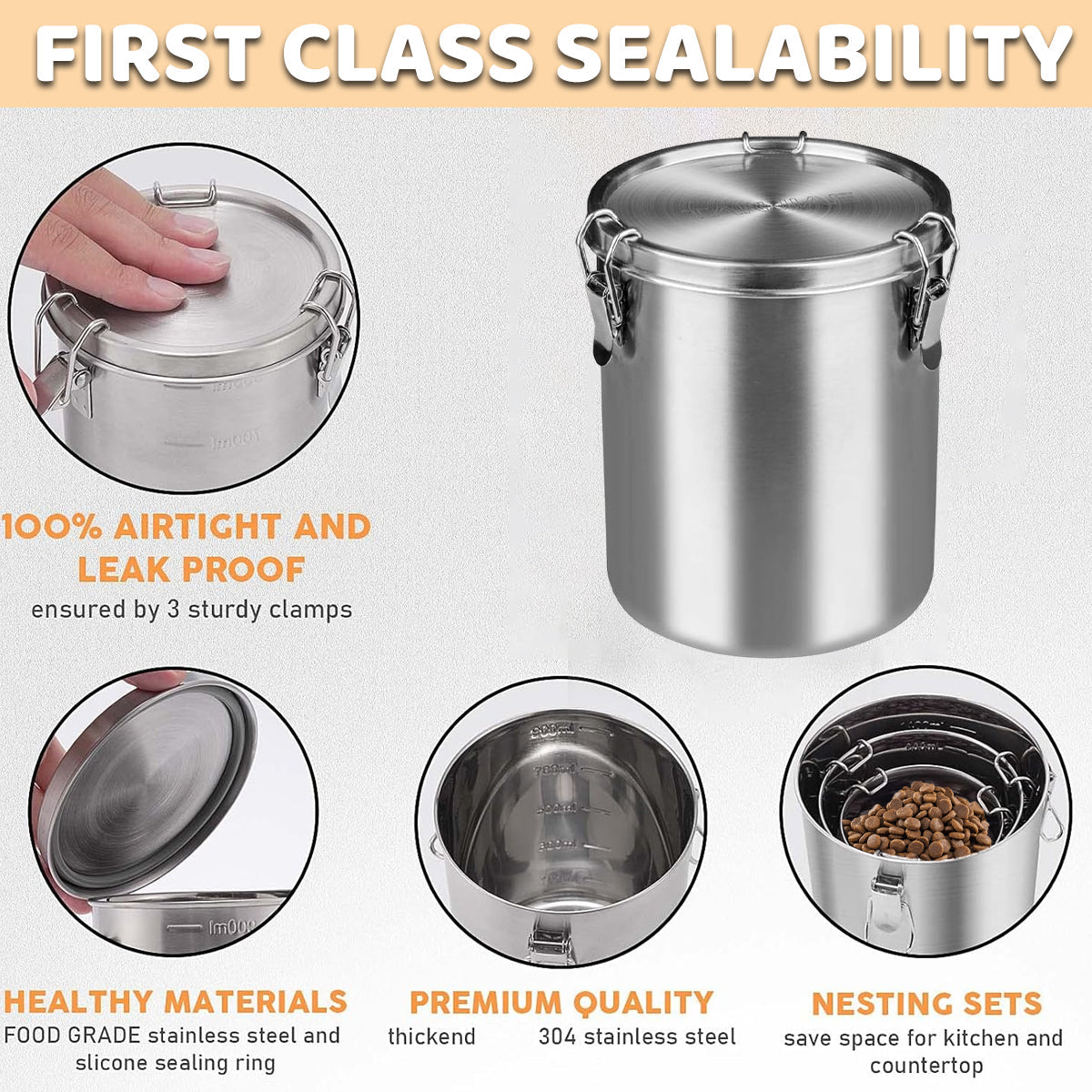 Stainless Steel Pet Food Storage Bucket Dog Cat Grain Container Bin Kitchen - 1000ml 5