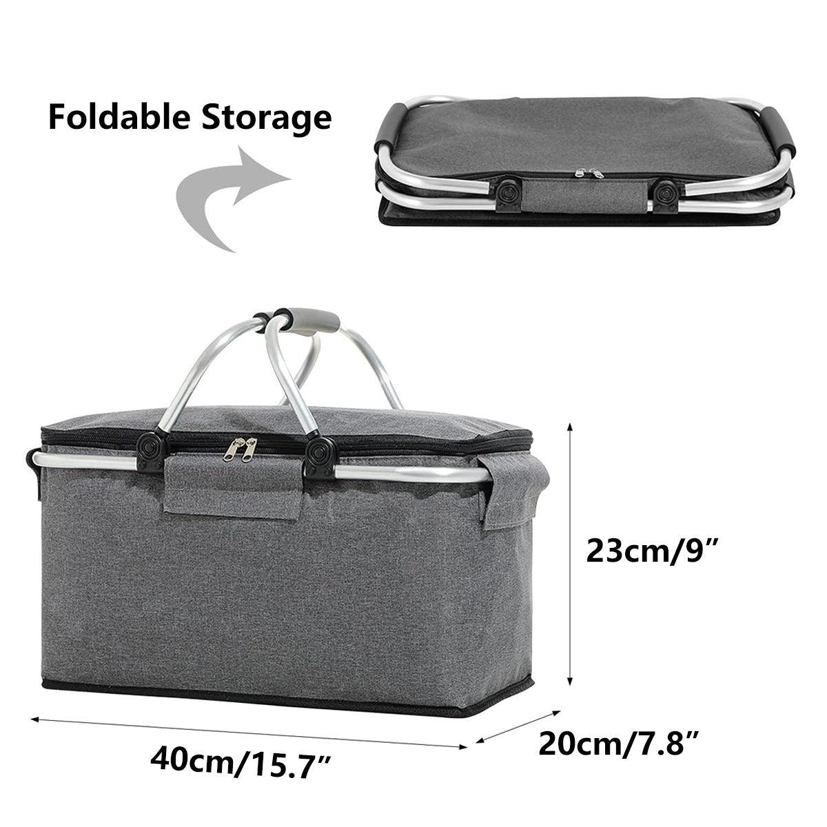 Folding Picnic Basket Insulated Cooler Bag Portable Outdoor Grocery Storage - Grey 3