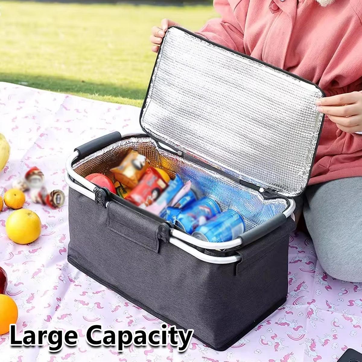 Folding Picnic Basket Insulated Cooler Bag Portable Outdoor Grocery Storage - Grey 5