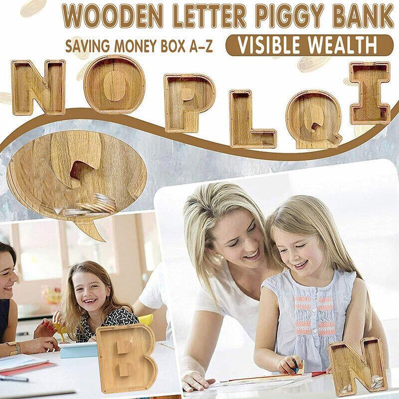 Wooden Piggy Bank Funny Letter or Guitar Coin Saving Money Box A–Z Gift Idea - I