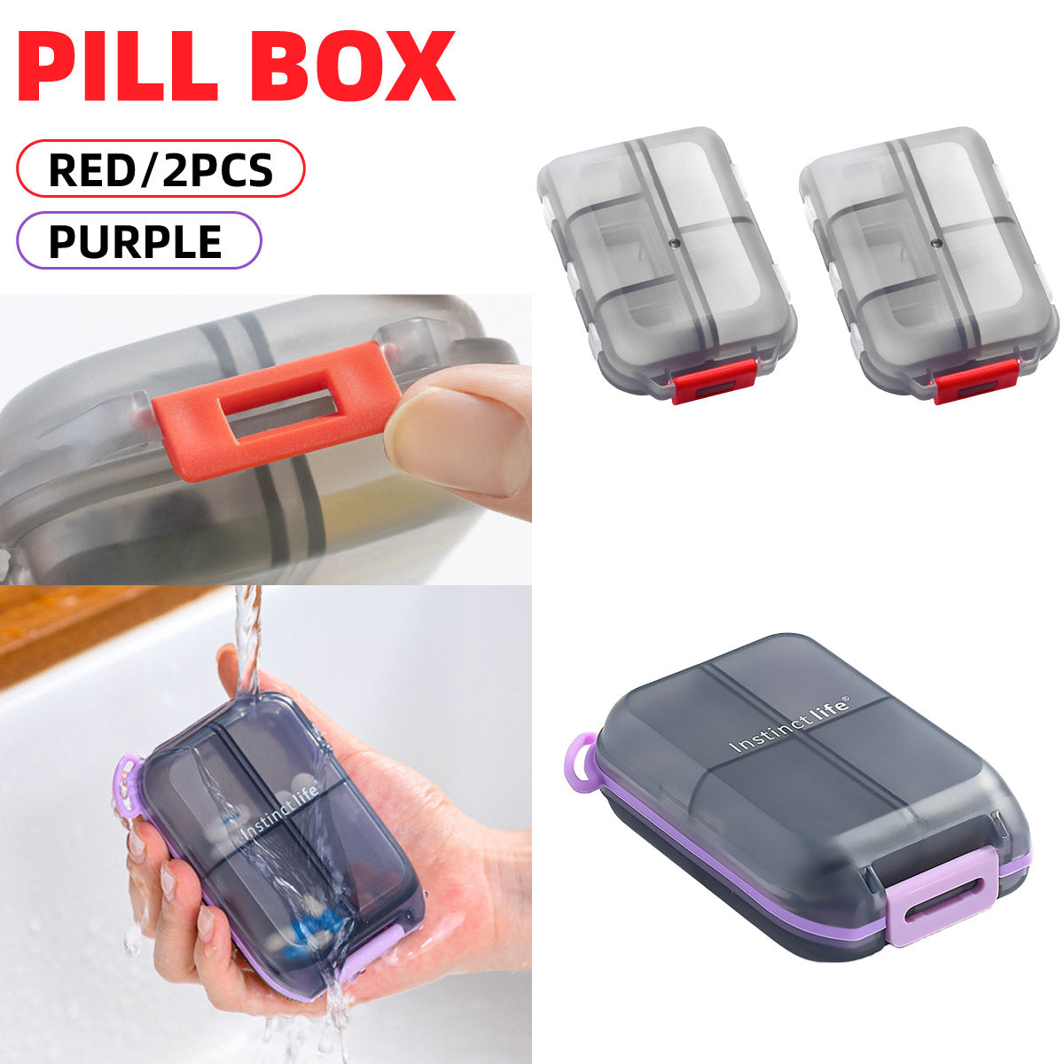 Small Pill Case Vitamin Holder Container 6/10Compartments Double Layer Holder - Purple-6 Grids