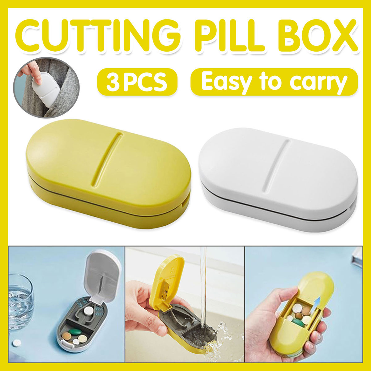 3PCS Tablet Cutter Pill Splitter Portable Medicine Box Pill Organizer Divider - Yellow