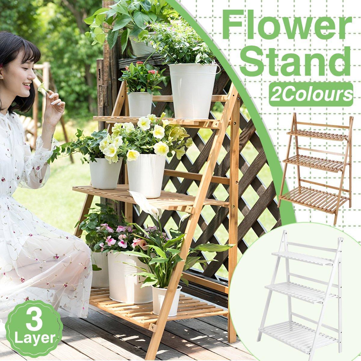 Balcony Plant Stand 3-Layer Wooden Flower Pot Corner Stand White Log Foldable - White 3