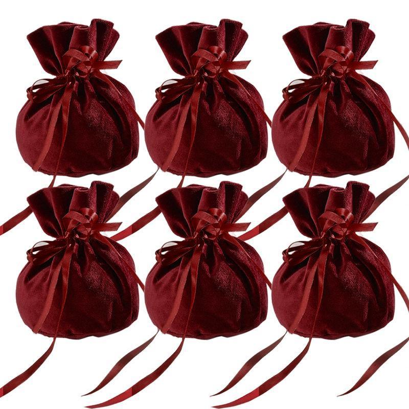 6PCS Velvet Cloth Drawstring Bags Gift Bag Jewelry Ring Pouch Earring Favor - Wine Red-6PCS 7