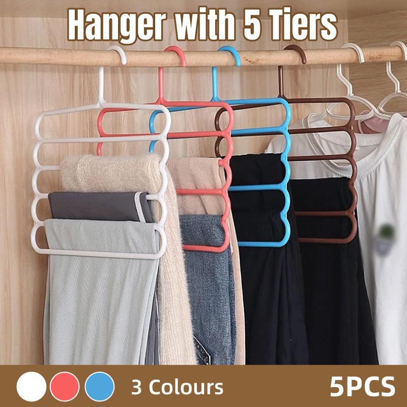 5pcs 5 Tier Trouser Rack Multifunctional Hanging Wardrobe Scarf Tie Hanger Set - Blue