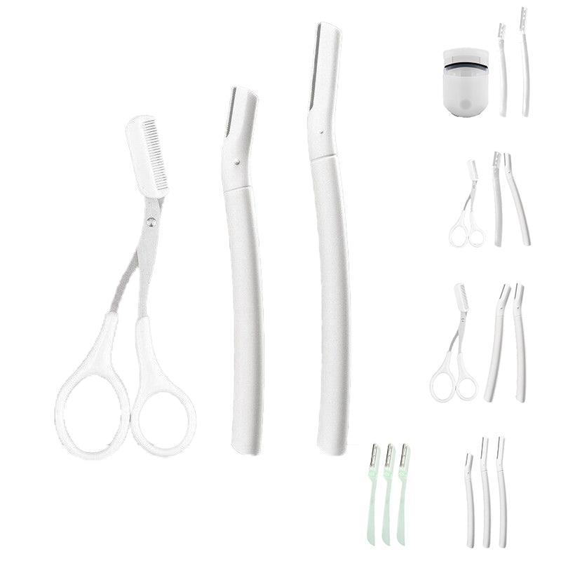 3Pcs Eyebrow Razor Set Facial Trimmer Shaver Blade Hair Remover Beauty Tool - Short+Long Eyebrow Razor+Scissor-White