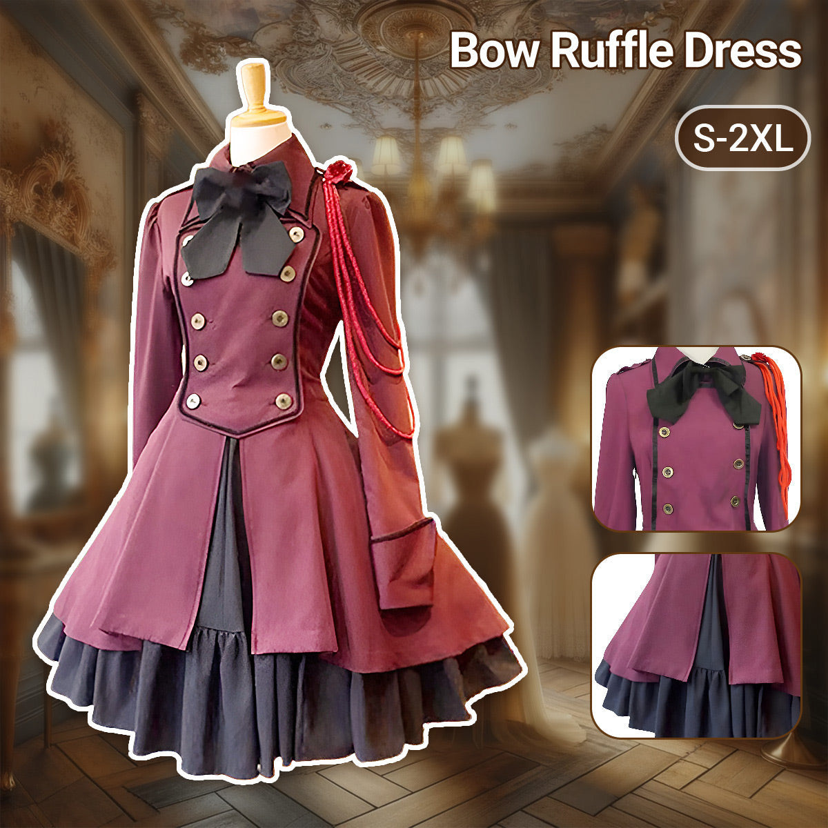 Gothic Renaissance Dress Ruffled Long Sleeve Medieval Cosplay Steampunk Gown - L