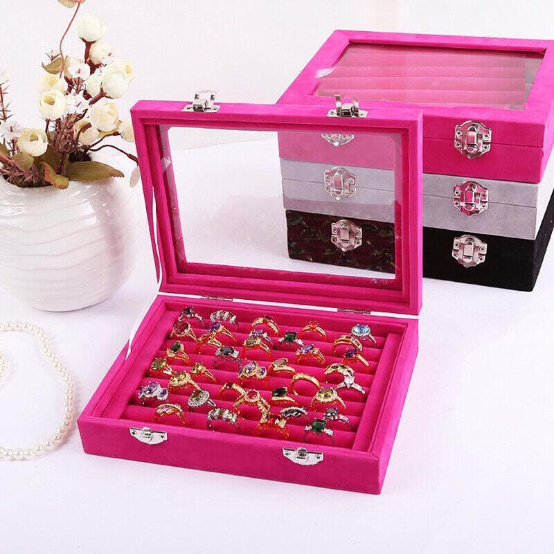 Velvet Ring Earring Jewelry Display Organizer Box Tray Holder Storage Case - Beige 4