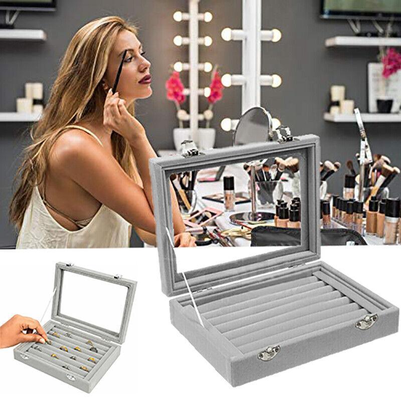 Velvet Ring Earring Jewelry Display Organizer Box Tray Holder Storage Case - Beige 5