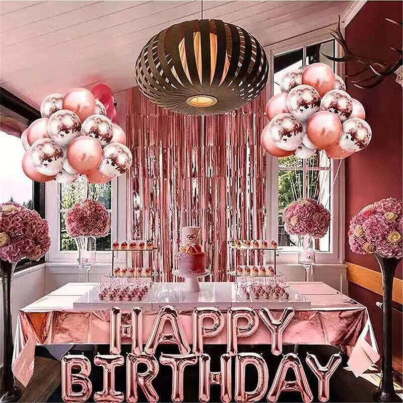 Rose Gold Birthday Balloon Party Decoration Set with Confetti Latex Foil Curtain 4