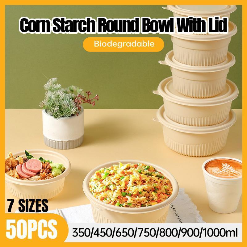 50PCS Biodegradable Corn Starch Lunch Box Round Takeout Containers Eco Friendly - 900ml