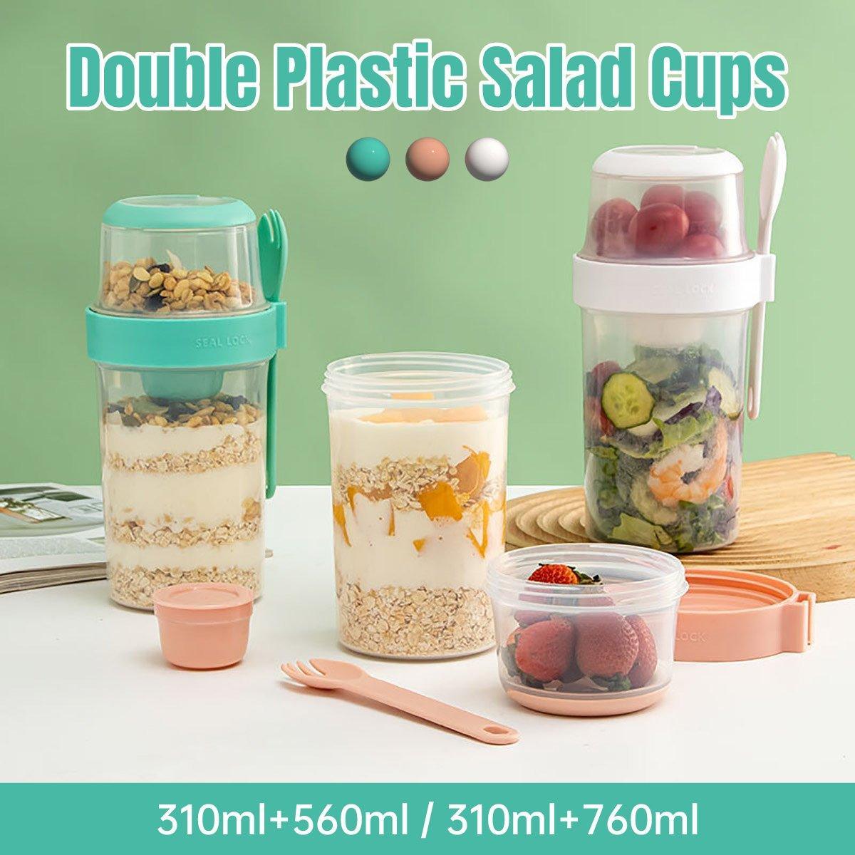 Double Plastic Salad Cup with Fork Sealed Breakfast Container for On-the-Go Meal - 560ml-Green