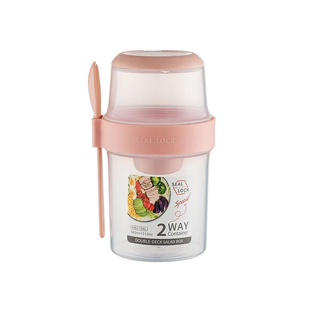 Double Plastic Salad Cup with Fork Sealed Breakfast Container for On-the-Go Meal - 760ml-Pink 10