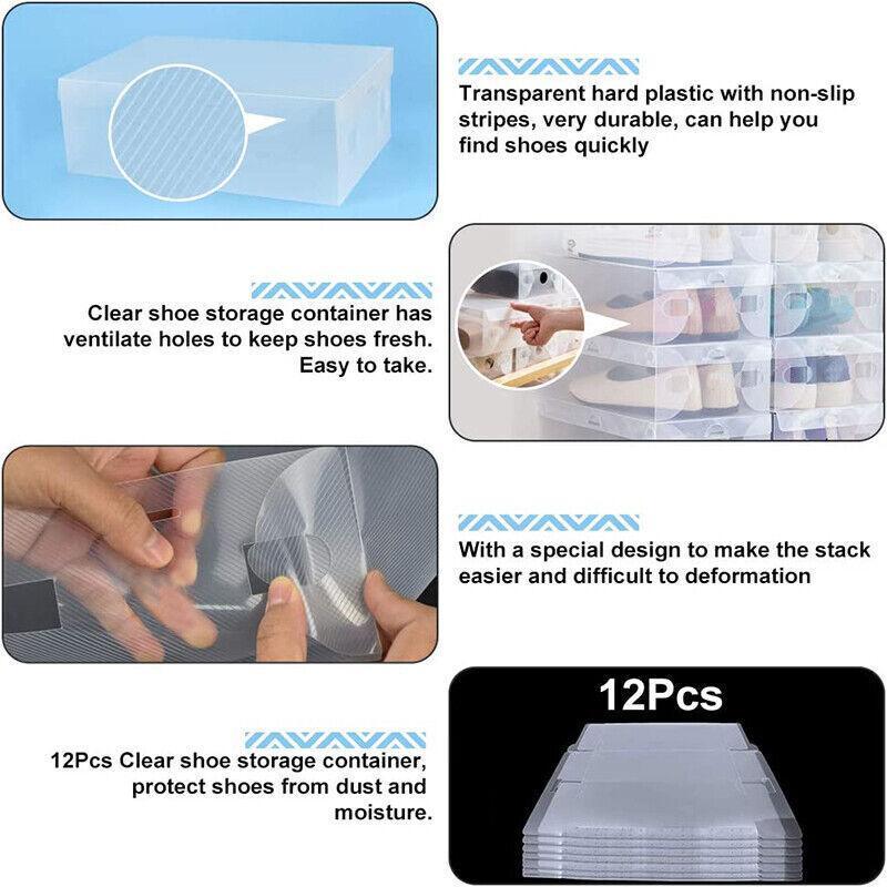 20x Clear Shoe Storage Box Foldable Stackable Plastic Shoe Boxes 4