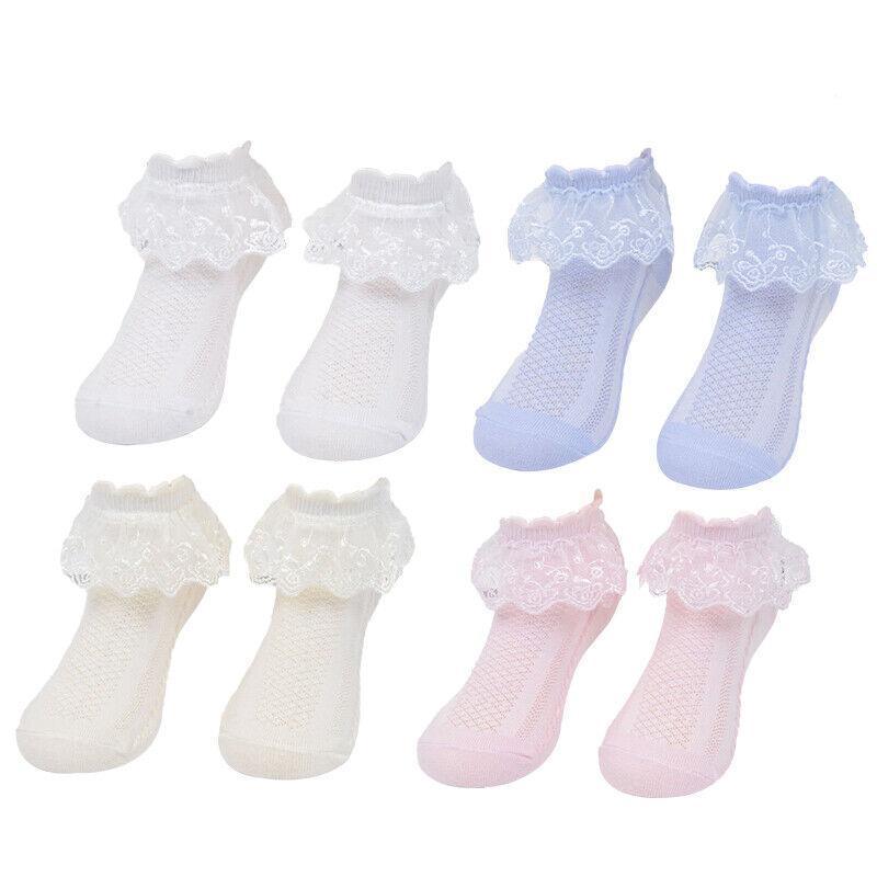 Lace Ruffle Frilly Short Socks for Girls Ankle Length M Size Fits 4-6 Years - Pink